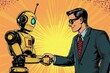© H_designs - Retro comic book entrepreneur shaking hands with a robot assistant, bright colors