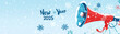 © Wave - Megaphone is decorated with snowflakes and ski equipment, with New Year 2025 in a snowy, winter-themed font