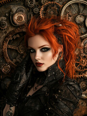 Wall Mural - A woman with red hair and a black outfit poses in front of a clockwork design