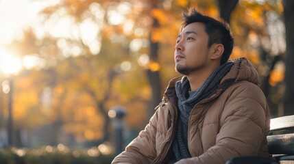 Thoughtful Asian man sitting on a park bench, reflecting on his journey while watching the changing seasons.