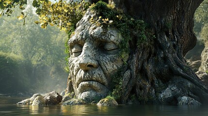 Poster - Ancient Tree Face in a Serene Forest