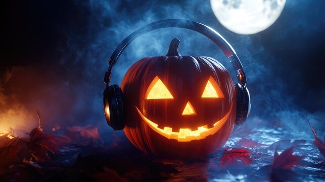 A cool Jack O' Lantern wearing headphones, vibing to music under a full moon with fog and eerie shadows around