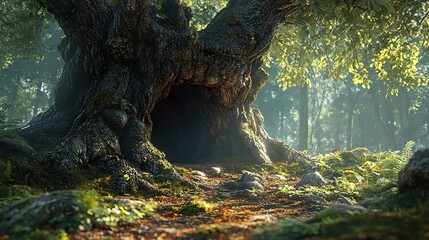 Poster - Enchanted Forest: Ancient Tree with Hidden Cave