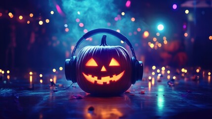 A glowing pumpkin with headphones in the center of a Halloween party scene, with spooky lights and a night sky backdrop