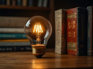 Glowing lightbulb on a wooden desk with books and a pencil.