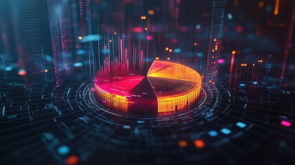 Poster - A 3D pie chart breaking down the financial sectors in a company budget, with interactive floating elements and a glowing digital interface surrounding it.
