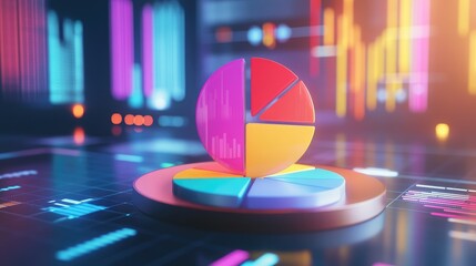 Poster - A 3D pie chart floating above a digital financial dashboard, with vibrant segments representing different sectors of a business financial portfolio.