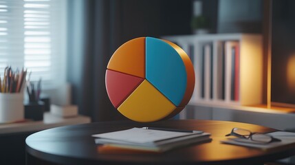 Poster - A 3D pie chart representing different investment portfolios, hovering above a sleek office desk, symbolizing advanced financial analytics in banking.
