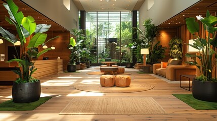 Wall Mural - A beautifully designed modern hotel lobby featuring natural wood elements, abundant greenery, and inviting seating arrangements with natural light