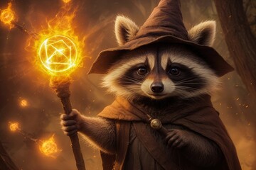 A whimsical raccoon wizard holds a glowing staff in a mystical forest, blending magic and nature in a captivating fantasy scene.