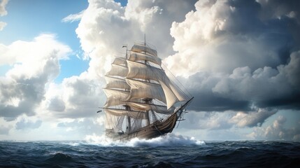 A captivating view of a historic tall ship with sails billowing in the wind, sailing majestically across the ocean, embodying the spirit of adventure.