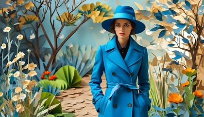 Wall Mural - Fashionable woman in blue coat and hat strolling through vibrant flower blossom garden in whimsical paper craft illustration style