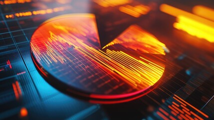Poster - A close-up of a 3D pie chart with metallic textures, displaying financial performance analysis, with key figures and data points highlighted.