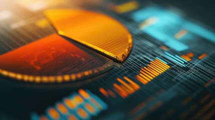 Poster - A close-up of a 3D pie chart with metallic textures, displaying financial performance analysis, with key figures and data points highlighted.