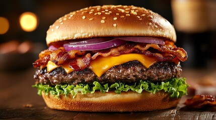 A cheeseburger topped with bacon and red onion on a wooden table.