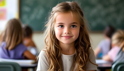 Engaging portrait of a young girl in an elementary classroom, highlighting education, friendship, and the joy of learning the alphabet at a development-focused youth academy