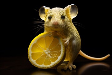 Mouse holding lemon in dark setting