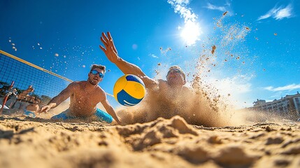 Canvas Print - Two men playing beach volleyball, one diving for the ball.