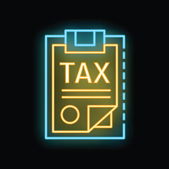 Poster - Bright yellow neon sign in the shape of a tax form, glowing on a black background