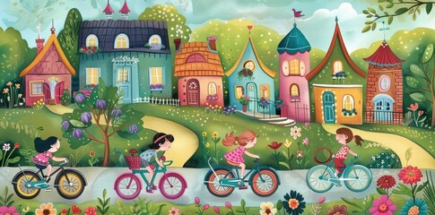 Four girls riding bicycles past colorful houses in a vibrant, cheerful neighborhood.