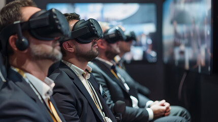 Four men wearing virtual reality headsets seated and watching a screen.