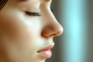 Young woman showing her perfect skin with closed eyes