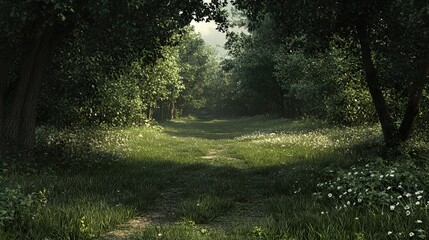 Sticker - Sunlit Forest Path - Lush Green Trees and Wildflowers