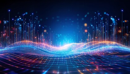 Poster - A vibrant digital wave of glowing lights and colors, resembling sound waves or data streams against a dark background.