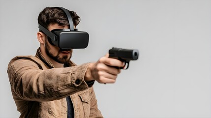 Man in VR headset aiming with gun