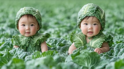 Two charming babies dressed in leafy cabbage costumes explore a vibrant field