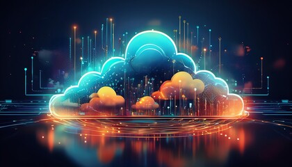 Wall Mural - A vibrant, digital cloud emits beams of light against a dark background, symbolizing data storage and connectivity in technology.