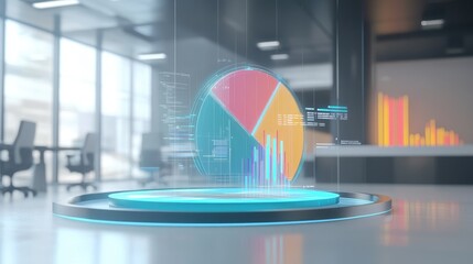 Poster - A futuristic 3D pie chart with data percentages hovering above each segment, illustrating financial growth, set against a modern office backdrop.
