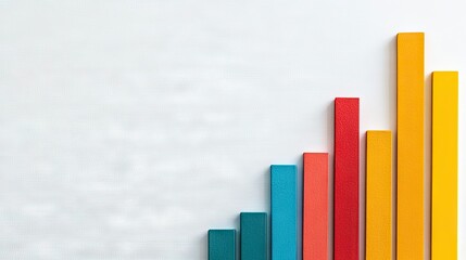Poster - Flat lay of a bar graph with rising bars and a clean white background, leaving ample space to the right for copy or data labels.
