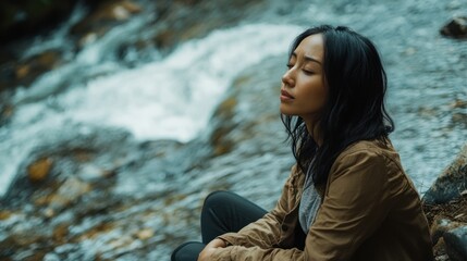 Asian woman engaged in deep thought while sitting by a river, finding solace in the sound of flowing water.