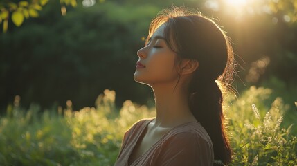 Wall Mural - Asian woman taking a moment to breathe deeply in a peaceful setting, cultivating a sense of calm and focus.