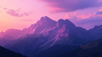 Flat lay of a mountain top view at dusk, with the sky turning shades of pink and purple as the last light of day fades behind the peaks.