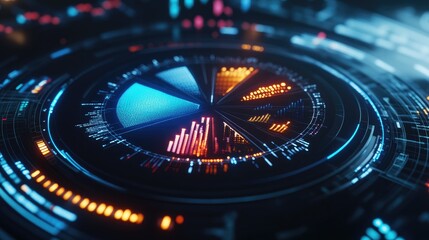Fototapete - A rotating 3D pie chart with glowing financial data labels, illustrating the distribution of assets in a corporate investment portfolio on a sleek digital platform.