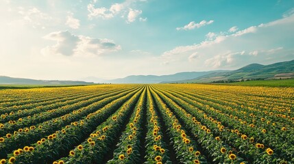Poster - Flat lay of a sunflower field with rows of flowers and an empty sky above, perfect for adding promotional text or logos