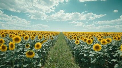 Poster - Flat lay of a sunflower field with rows of flowers and an empty sky above, perfect for adding promotional text or logos