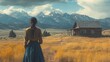 © CinimaticWorks - woman of the wild west in front of a rustic cabin and picturesque American landscape capturing the essence of frontier life