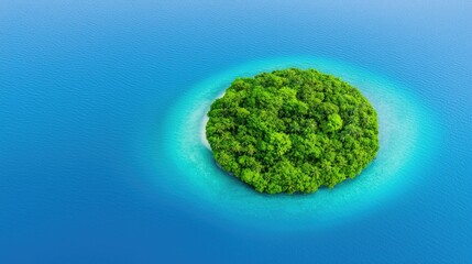 Aerial view of a lush green island surrounded by turquoise ocean, perfect for tropical themes and nature projects.