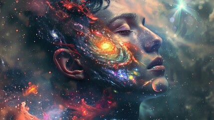 A surreal portrait of a person with a cosmic galaxy within their profile, set against a dark, starry background