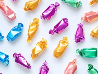 Poster - Flat design of various unwrapped candies with bright shimmering foil wrappers scattered against a plain white background  Colorful sweet and visually striking arrangement of confectionery treats