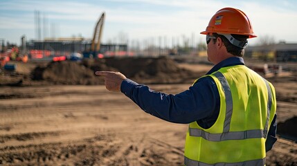 Male engineer in a safety vest and helmet pointing towards a large open space at a construction site, perfect for copy space.