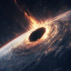 Wall Mural - a fiery black hole engulfs a planet in a dramatic cosmic event.