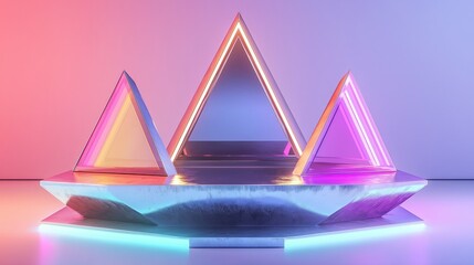 Poster - Stylish geometric shapes with neon lights creating a futuristic, vibrant atmosphere for modern design projects.
