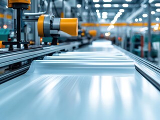 Close-up of plastic sheets being formed by an extruder, efficient manufacturing line with modern machines