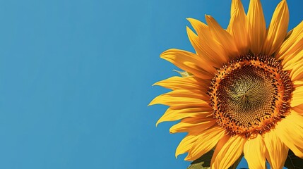 Poster - Side view of a sunflower with a bright blue sky above, offering a large empty area on the right for text or branding.
