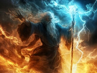 Close-up of a wizard summoning a storm with his staff, lightning and clouds swirling above him as his robes flow with supernatural energy