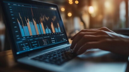 Fototapete - A professional analyzing a financial bar chart on a laptop, with clear, upward trends and labeled data points, highlighting key financial metrics.